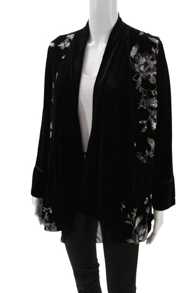 Aris A. Womens Bohemian Floral Coatigan Black Long Sleeve Polyester Size M