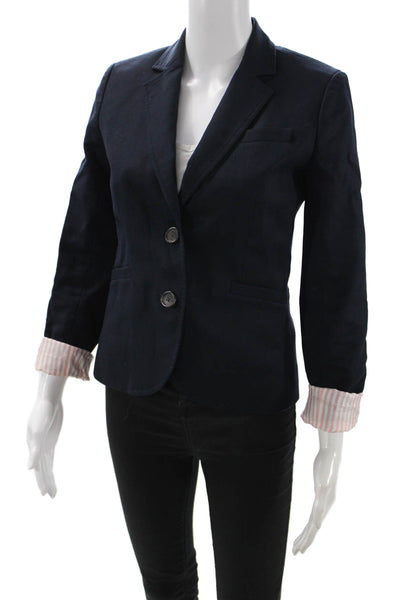 J Crew Womens Cotton Two Button Long Sleeve Lined Blazer Navy Blue Size 0