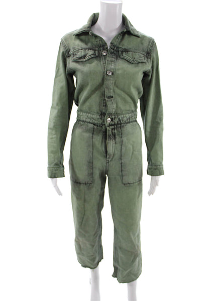 Kenzo Women Jumpsuit Green 100% Cotton V Neck Long Sleeve Size 34