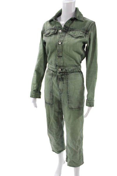 Kenzo Women Jumpsuit Green 100% Cotton V Neck Long Sleeve Size 34