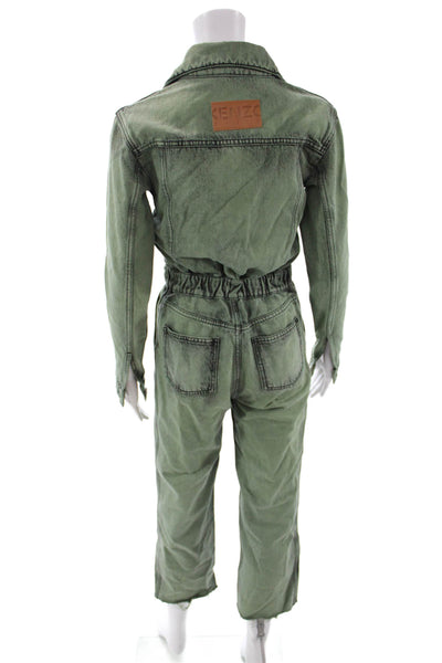 Kenzo Women Jumpsuit Green 100% Cotton V Neck Long Sleeve Size 34
