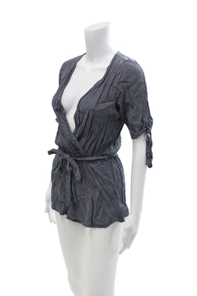 Faithfull The Brand Womens Jumpsuit Blue Striped VNeck Short Sleeve Size XS