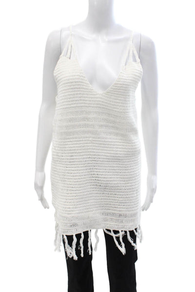 Indah Women Silk V-Neck Camisole Tunic White Sleeveless Beach Size S