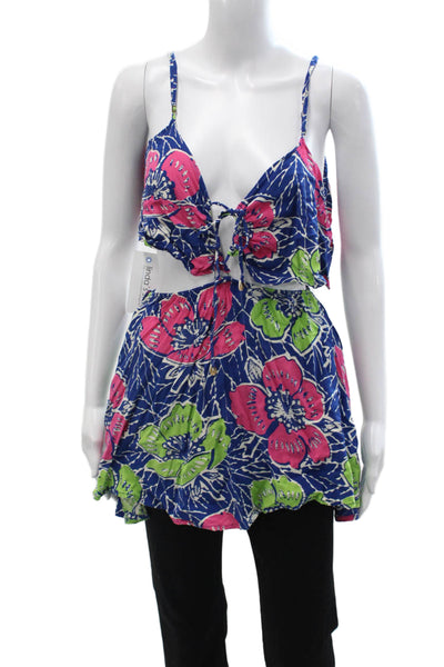 Indah Women Cropped Cami Blue Floral Rayon Drawstring Sleeveless Beach Size S