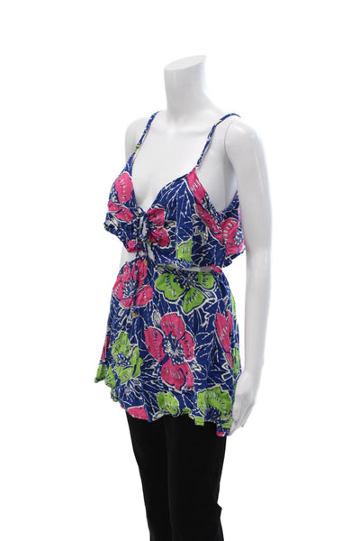 Indah Women Cropped Cami Blue Floral Rayon Drawstring Sleeveless Beach Size S