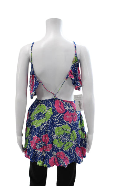 Indah Women Cropped Cami Blue Floral Rayon Drawstring Sleeveless Beach Size S