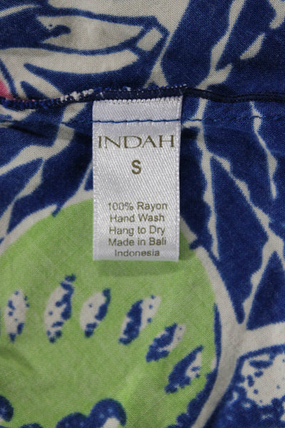 Indah Women Cropped Cami Blue Floral Rayon Drawstring Sleeveless Beach Size S