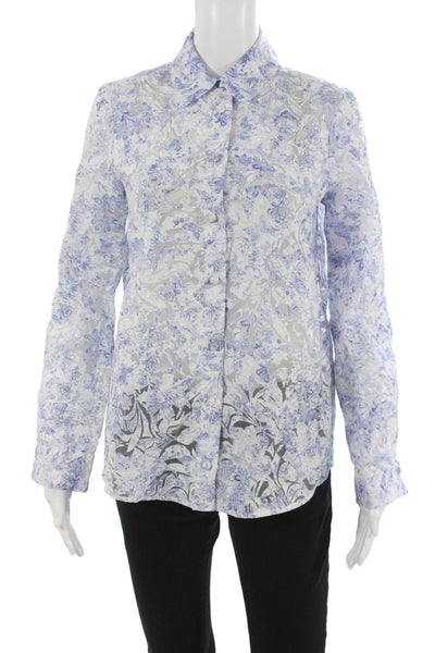 Zara Women White Floral Collared Button-Up Blouse Long Sleeve Viscose Size XS