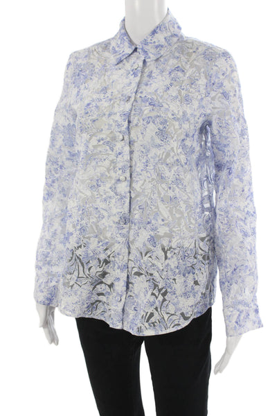 Zara Women White Floral Collared Button-Up Blouse Long Sleeve Viscose Size XS