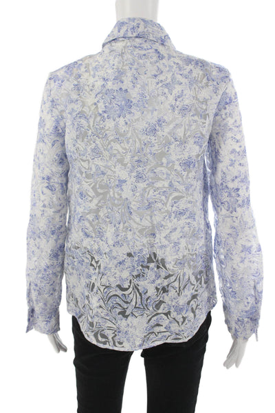 Zara Women White Floral Collared Button-Up Blouse Long Sleeve Viscose Size XS