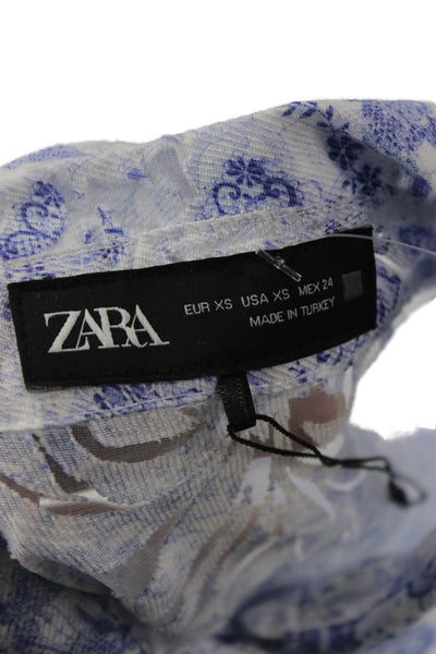 Zara Women White Floral Collared Button-Up Blouse Long Sleeve Viscose Size XS