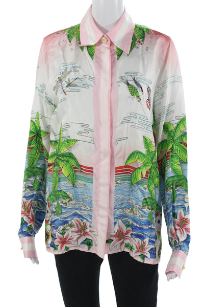 Casablanca Womens Silk Collared Graphic Button-Up Green Long Sleeve Size 42