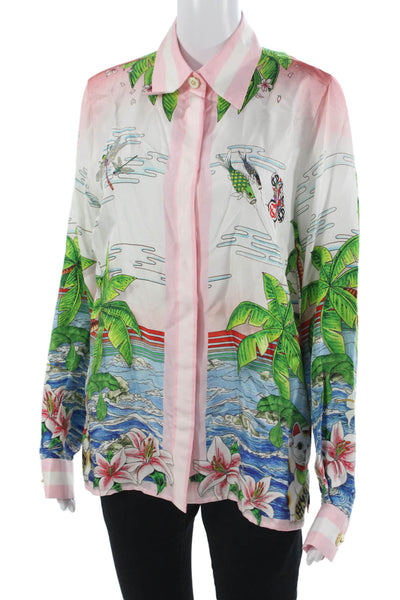 Casablanca Womens Silk Collared Graphic Button-Up Green Long Sleeve Size 42