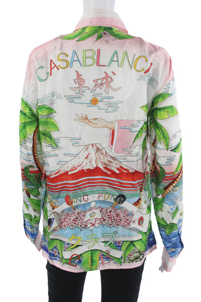 Casablanca Womens Silk Collared Graphic Button-Up Green Long Sleeve Size 42
