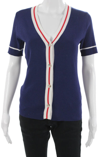 Fore Women Basic Striped Dark Blue V-Neck Button-Up Short Sleeve Top Size M