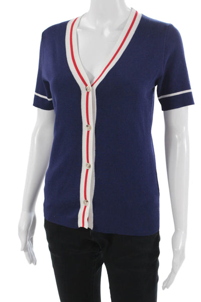 Fore Women Basic Striped Dark Blue V-Neck Button-Up Short Sleeve Top Size M