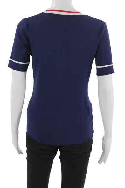 Fore Women Basic Striped Dark Blue V-Neck Button-Up Short Sleeve Top Size M