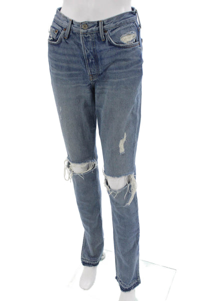 Grlfrnd Women Boyfriend Straight Blue Jeans Mid Rise Button Fly Size 26
