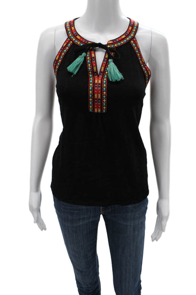 Letarte Women Black Bohemian Cotton Drawstring Tank Sleeveless Size S