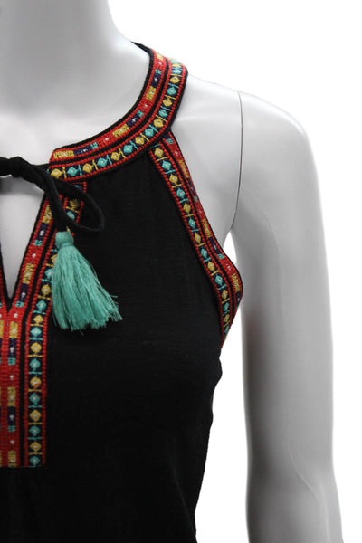 Letarte Women Black Bohemian Cotton Drawstring Tank Sleeveless Size S