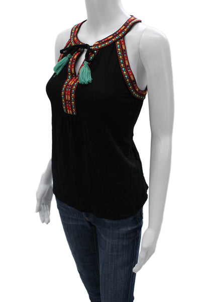 Letarte Women Black Bohemian Cotton Drawstring Tank Sleeveless Size S