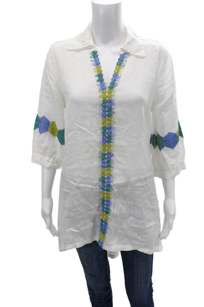 Haris Cotton Women Tunic White Linen Collared 3/4 Sleeve Size XS