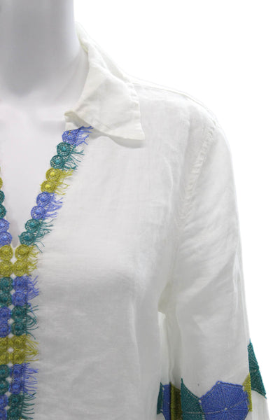 Haris Cotton Women Tunic White Linen Collared 3/4 Sleeve Size XS