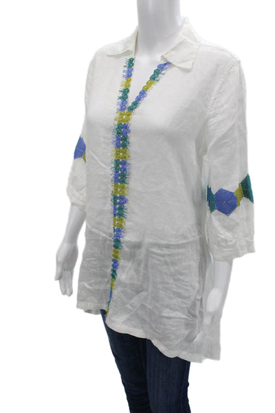 Haris Cotton Women Tunic White Linen Collared 3/4 Sleeve Size XS