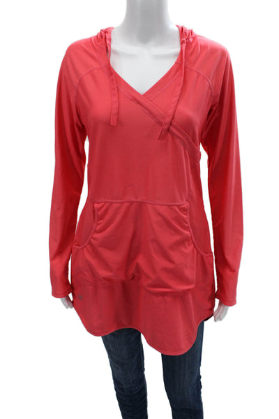 Athleta Women Tunic Hoodie V-Neck Long Sleeve Drawstring Red Size M