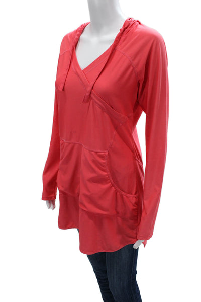 Athleta Women Tunic Hoodie V-Neck Long Sleeve Drawstring Red Size M