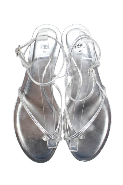 Zara Womens Round Toe Adjustable Buckled Ankle Strap Sandals Silver Size 10