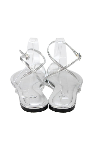 Zara Womens Round Toe Adjustable Buckled Ankle Strap Sandals Silver Size 10