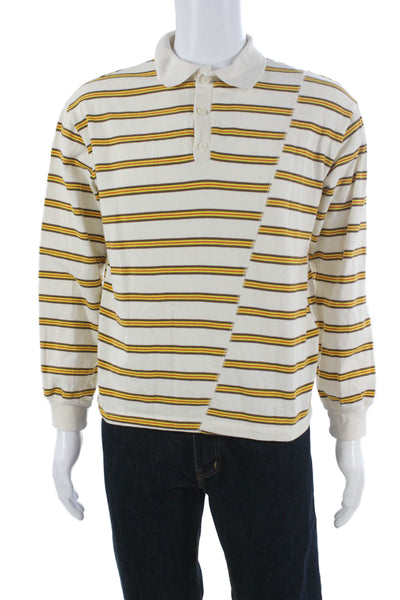 Zara Mens White Striped Collared Long Sleeve Polo 100% Cotton Size M