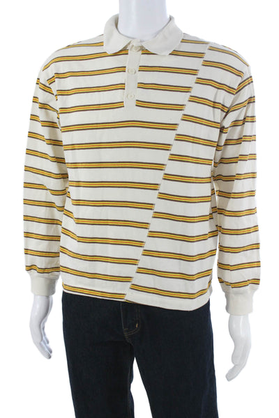 Zara Mens White Striped Collared Long Sleeve Polo 100% Cotton Size M