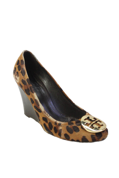 Tory Burch Womens Animal Print Sophie Wedge Pumps Brown Size 8