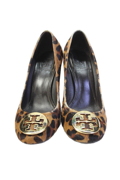 Tory Burch Womens Animal Print Sophie Wedge Pumps Brown Size 8
