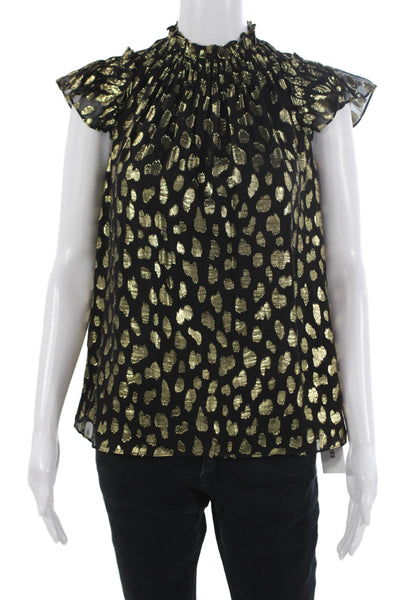 Rebecca Taylor Women Black Leopard Silk Metallic High Neck Zip Blouse Size XS