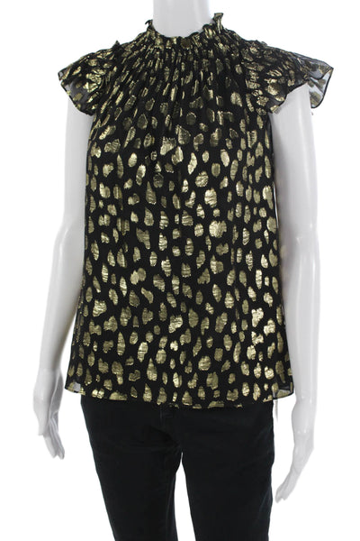 Rebecca Taylor Women Black Leopard Silk Metallic High Neck Zip Blouse Size XS