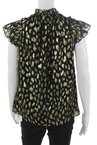 Rebecca Taylor Women Black Leopard Silk Metallic High Neck Zip Blouse Size XS