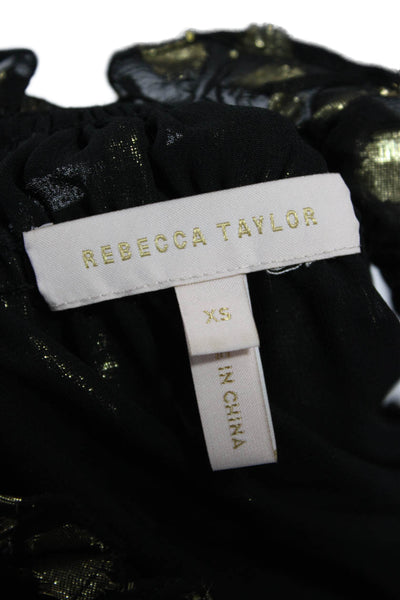Rebecca Taylor Women Black Leopard Silk Metallic High Neck Zip Blouse Size XS