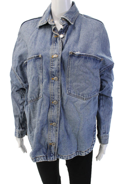 Zara Women Blue Cotton Collared Button Jacket Long Sleeve 90s Size S