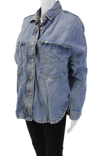 Zara Women Blue Cotton Collared Button Jacket Long Sleeve 90s Size S
