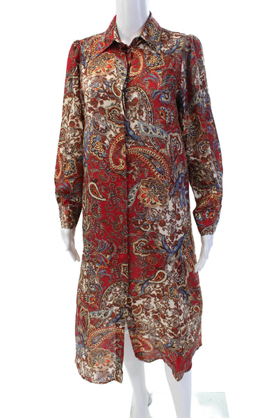 Zara Womens Red Paisley Shirt Dress Long Sleeve Mid Calf Size S