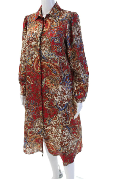 Zara Womens Red Paisley Shirt Dress Long Sleeve Mid Calf Size S