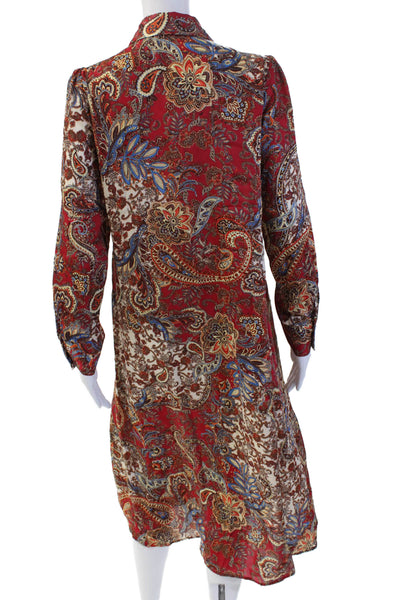Zara Womens Red Paisley Shirt Dress Long Sleeve Mid Calf Size S