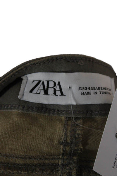 Zara Womens Ankle Jeggings Army Green Mid Rise Solid Cotton Blend Size 2