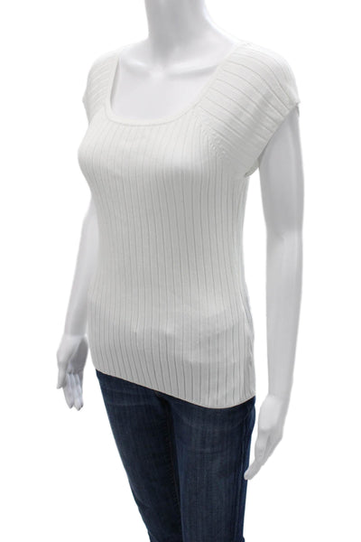 525 America Womens White Striped Square Neck Short Sleeve Basic Tank Size S