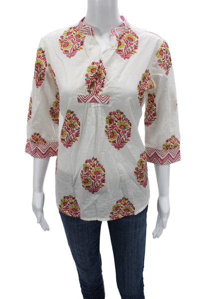 Liza Byrd Women Tunic White Floral Cotton 3/4 Sleeve Bohemian Size S