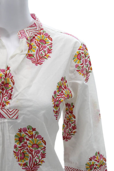 Liza Byrd Women Tunic White Floral Cotton 3/4 Sleeve Bohemian Size S