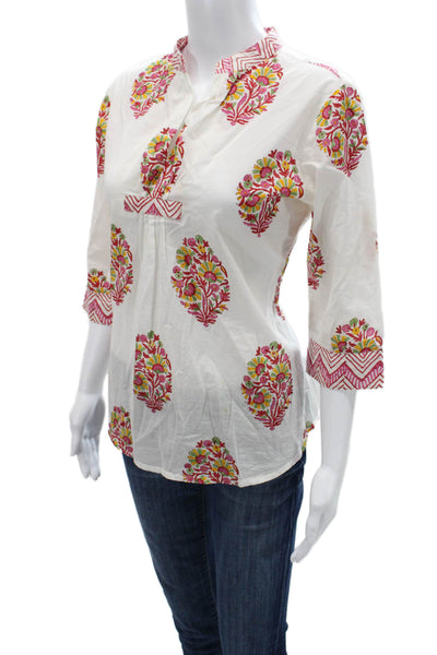 Liza Byrd Women Tunic White Floral Cotton 3/4 Sleeve Bohemian Size S